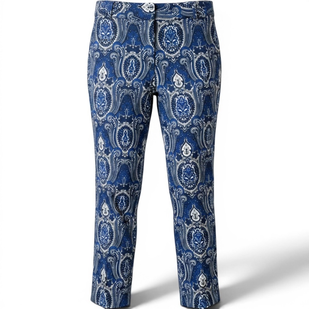 Talbots Signature Slim Ankle Pants Womens 16 Blue White Paisley Coastal Preppy